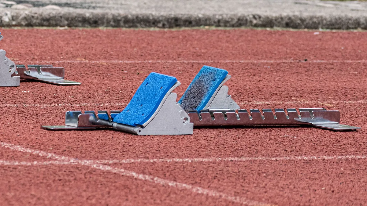 A starting block on a running track.